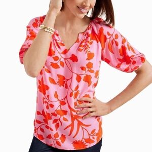 Talbots Elbow Sleeve Top Size 2X Pink Red Floral Feminine Garden Blouse NWT